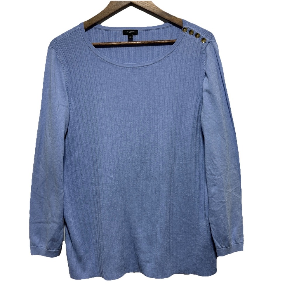 Talbots Plus Sweater Womens 2X Blue Ribbed Long Sleeve Button Shoulder Pullover